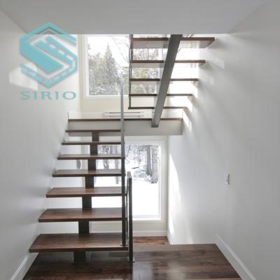 China Indoor laminated safety glass stairs with single metal beam staircase and wood treads for sale