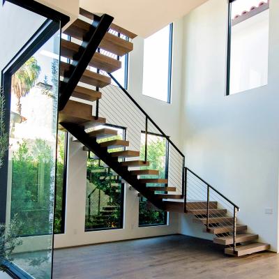 China Modern Steel Wooden Staircase Double Stringers With Glass Enclosure Or Steel Railing for sale