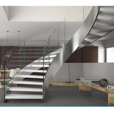 China Morden Modern Steel Arc Curved Staircase With Glass Steps And Installed With LED Light for sale