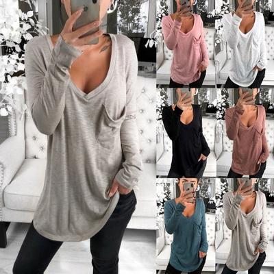 China Factory Casual Women's 2021 Bass Pocket Trade Leisure Long Sleeve V-Neck Sexy T-Shirt for sale