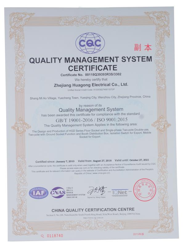 ISO9001 - Zhejiang Huagong Electric Co., Ltd.