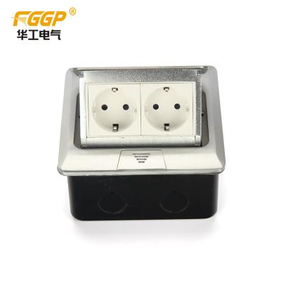 China HGD-2F Convenient 2 Gang European Power Socket Household Silver Floor Pop Up Cover Outlet With Floor Box / Schuko Floor Socket for sale