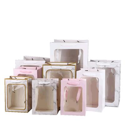 China Recycled Materials Open Window Gift Valentines Day Paper Bag Flowers Transparent Gift Bag Packaging With Hand Gift PVC Window Paper Bag for sale