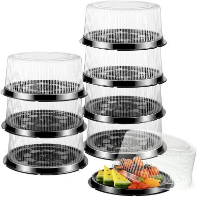 China 10 Inch Disposable Black Plastic Party Trays With Clear Lids Disposable Trays For Cake Appetizer And Veggie for sale