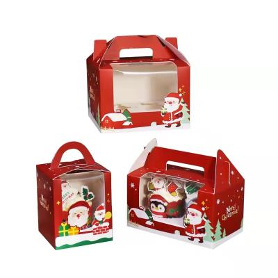 China Recycled Materials Christmas Cupcake Packaging Box 1/2/4/6 Count Handle Muffin Cup Box Christmas Eve Apple Gift Box for sale