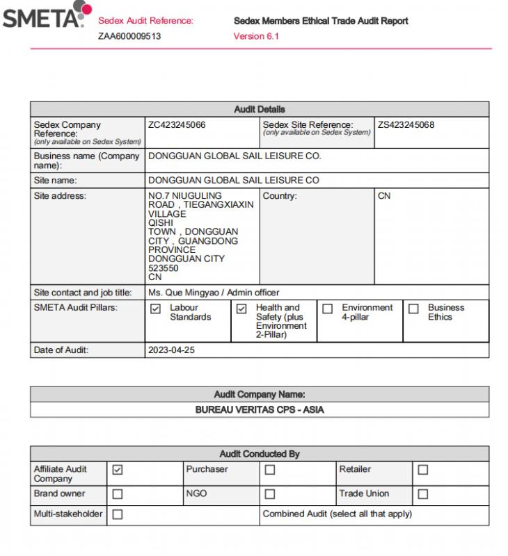 sedex - Dongguan Global Sail Leisure Co., Ltd.