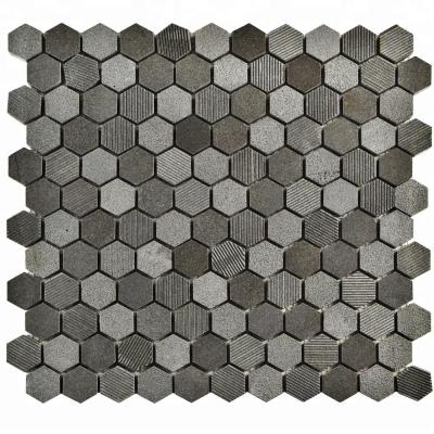 China Parquet Decorstone24 Nature Andesite Gray Basalt Stone Fluted Finish 1 Inch Hexagon Mosaic Slabs for sale