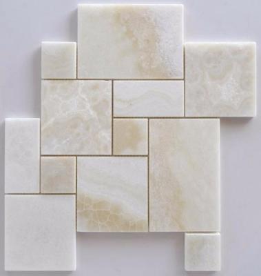 China Parquet Premium White Onyx Cross Cut 4 Pieced Opus Mini Pattern Polished Mosaic Tile for sale