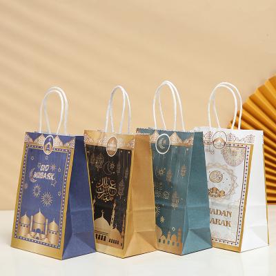 China Islamic Eid Mubarak Fast Theme Kraft Paper Recyclable Bag Gift Bag Wrapping Paper Handle Bag for sale