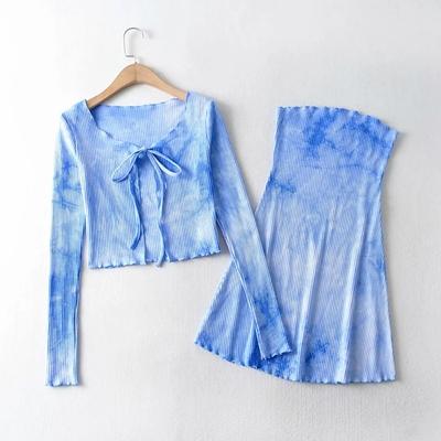 China Strapless anti-pilling girl's dress set ribbed tie-dyed cotton anti-pilling cardigan dress girl's dress set for sale