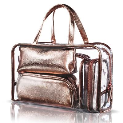 China Large Capacity Rose Gold 5 in 1 Clear Beach Tote Bag Organizer Cosmetic Bag Handbag and Clear Case PVC Toiletry Makeup Bag Travel Case for Women for sale