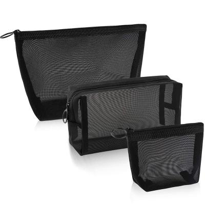 China See Wholesale 3 Pieces of Mesh Cosmetic Bag 3 Class Mesh Makeup Bags Clear Black Black Mesh Zipper Pouch for Offices Travel Accessories for sale