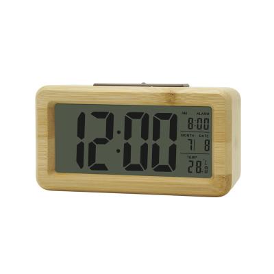 China Calendars Large Screen LCD Bamboo Wooden Digital Smart Clock With Alarm Nap Function for sale