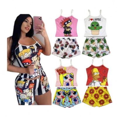 China 2022 KJT New Arrival Summer QUICK DRY spaghetti tie 2 pieces set sleepwear women two cartoon short sets for sale