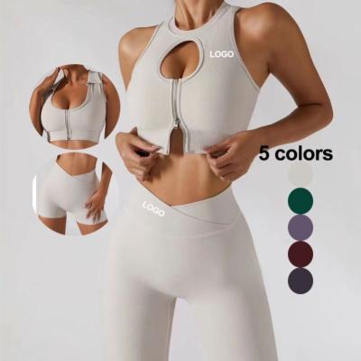 China 2022 2/3/4 Piece Cavity Breathable Sexy Zippers Stretch Underwear Sports Bra Cross Waist Striped Sports Shorts Leggings Fitness Gym Set for sale