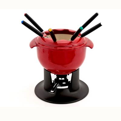 China Sustainable Red Fondue Set Chocolate Maker New Melting Porcelain Enamel With Burner for sale