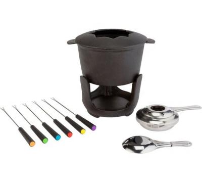 China Sustainable Eco - Friendly Cast Iron Cheese Fondue Pot Set With Six Forks for sale