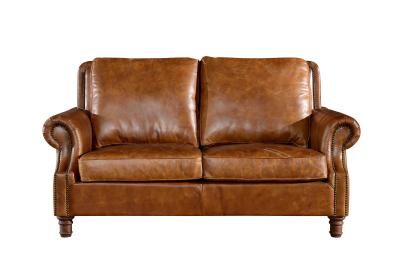 China Retro Crack 2 Seater Chocolate Brown Leather Sofa Brass Nails Full Handwork Craft for sale