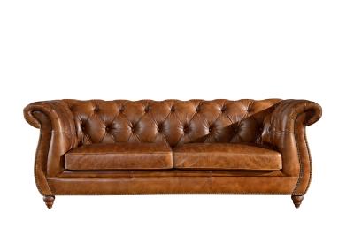 China Retro Vintage Three Seater Leather Sofa With Brass Nails / Leather Buttons for sale