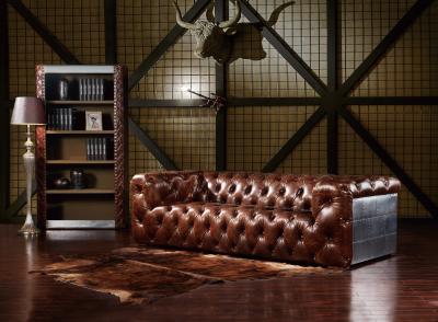 China Luguxry Vintage Brown Genuine Leather Couches Sofa Set With Aluminium Sheet for sale