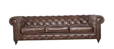 China Rolled Arms Three Seater Brown Leather Sofa , 100 Genuine Leather Couch Home Furniture for sale