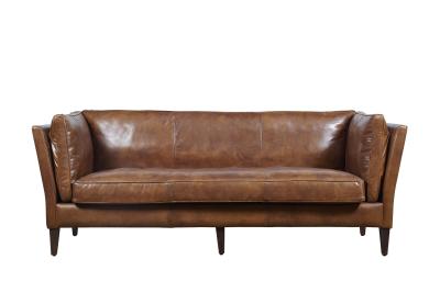 China Simple Loft Style Compact 3 Seater Brown Leather Couch Wood Legs Long Service Life for sale