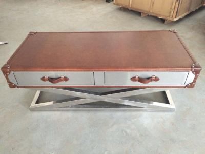 China Stainless Steel Frame Side Coffee Table Top Genuine Leather Italian Style for sale