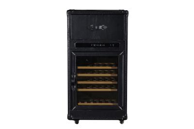 China Black Color Wine Storage Cabinet Top Grain Vintage Scratches Genuine Leather Wheel Legs for sale