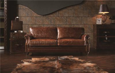 China Top Grain 3 Seater Brown Leather Sofa , Three Seater Leather Settee Brass Wheel Legs for sale