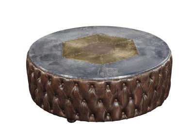 China Round Shape Vintage Retro Side Coffee Table Top Genuine Leather Buttons Decoration for sale