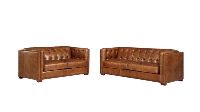 China Comfortable Tan Brown Leather Couch , Genuine Leather Couch Set Solid Wood Legs for sale