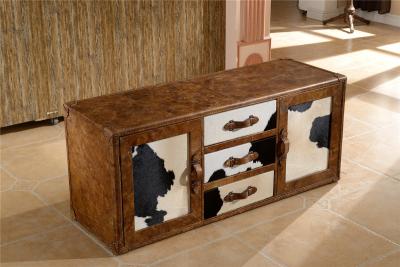 China Full Handwork Craft Brown Leather TV Stand Cow Leather Fur Cover Brass Nails Decoration for sale