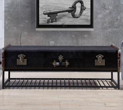 China Iron Frame Black Television Stand , Living Room TV Stand Vintage Slate Leather Wood Strip for sale