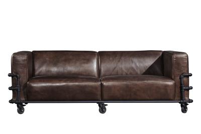 China Industrial Rustic Style 3 Seater Leather Sofa With Pipe Shape Steel Frame for sale