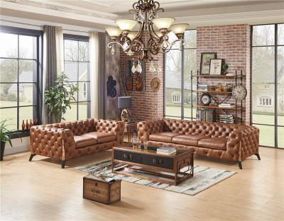 China Home Furniture Tan Brown Soft Genuine Leather Sofa Set With Multi Deep Buttons for sale