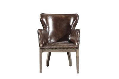 China Vintage Cigar High Back Leather Armchair Solid Wood Linen Back Exposed Frame for sale