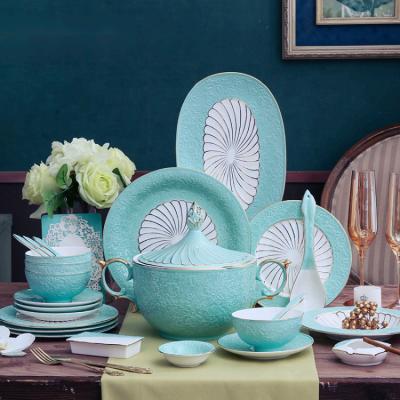 China Sustainable Nordic Blue Gold Edge Dish Ceramic Dishes Porcelain Dinnerware Sets Dinner Set Tableware Luxury Dinnerware for sale