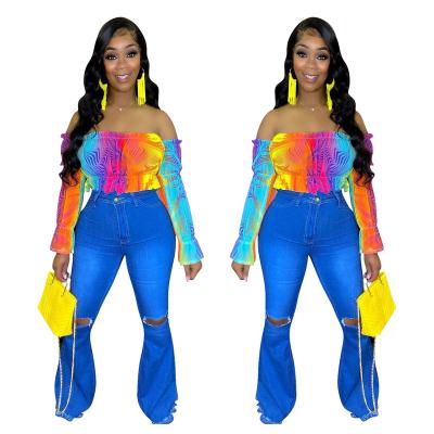 China YD-YD1009 Women's Breathable Summer Wears Elegant Rainbow Printed Crop Top Off The Shoulder Women Clothing for sale