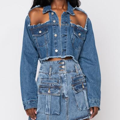 China QUICK DRY You Make Jeans Jacket 973 New Arrivals Ripped Off-the-Shoulder Short Denim Jacket For Women for sale