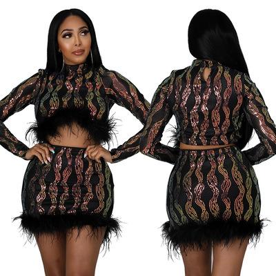 China Anti-Wrinkle You Do Elegant And Sexy Sequined Two Piece Long Sleeve Woolen Top Skirt Party Club Dress CY9329 Sexy Women'S Nightclub Set for sale