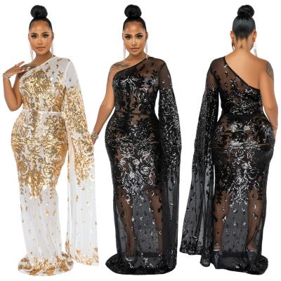 China YD-21495 Women's Sequin Maxi Party Dress Long Sleeve Stand Collar Gauze Elegant Irregular Perspective Washable Rhinestone Maxi Dress for sale