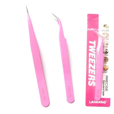 China Precise Closure Ready To Ship Pink Stainless Steel Metal Tweezers Lace Eyelash Extension Tweezers for sale