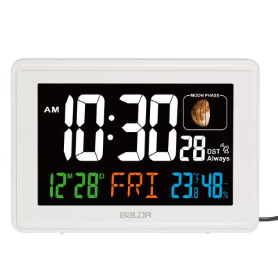 China Radio White Indoor Indoor Temperature Humidity Meter Large Desktop Table Digital LCD Alarm Clock With Calendar for sale