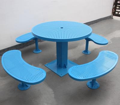 China 2022 Modern New Custom Soft Commercial Street Furniture Carbon Steel Round Garden Table With Seat Four Metal Pan Curved Benches for sale