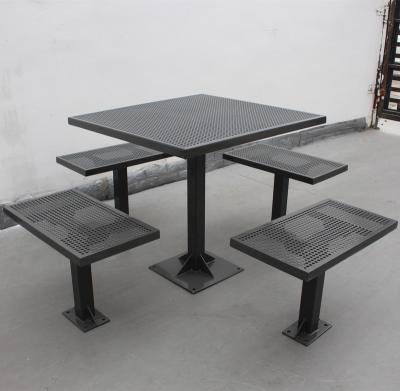 China 2022 New Gavin Modern Outdoor Furniture Metal Street Park Commercial Square Table With Umbrella Hole Steel Iron Park Table Set for sale