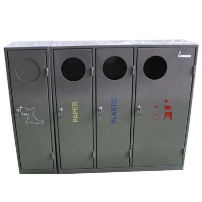 China Sustainable Outdoor Metal Recycling Park Steel Trash Can Reccyle Trash Can And Recycling Bin 4 Compartments for sale