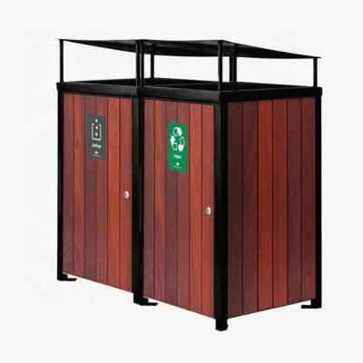 China Large Sustainable Outdoor 240L Steel and Solid Timber Recycling Garbage Bin 2 Compartment Bin Enclosure Wheelie Bin Surrounding Base for sale