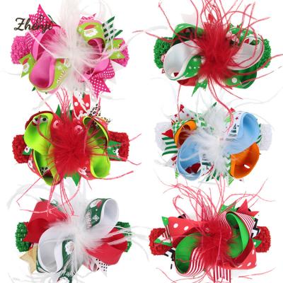 China Sweet Christmas Feather Grosgrain Ribbon Baby Hair Band Girls Christmas Headbands Hair Accessory for sale