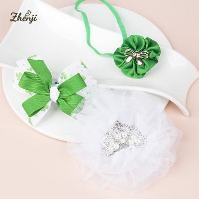 China Sweet Kids Hair Accessories Flower St Patrick's Day Four Leaf Clover Headbands Rhinestone Chiffon Headbands for sale