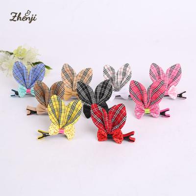 China Soft Lovely Kids Cloth Hair Bow Hairpin Plaid Easter Bunny Ears Fork Clip Double for sale